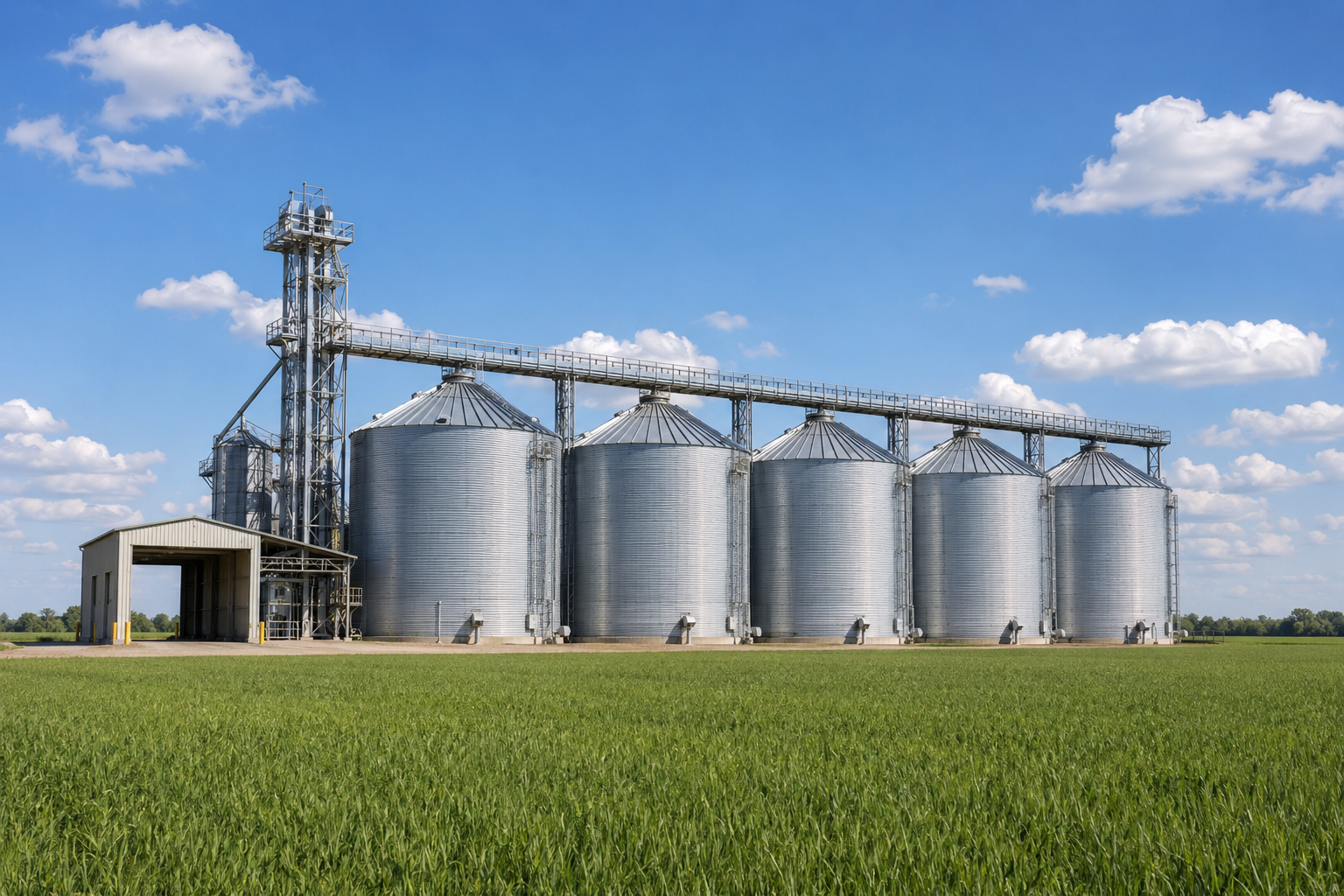 Row of silver grain storage silos and an elevator tower standing in a green field under a blue sky