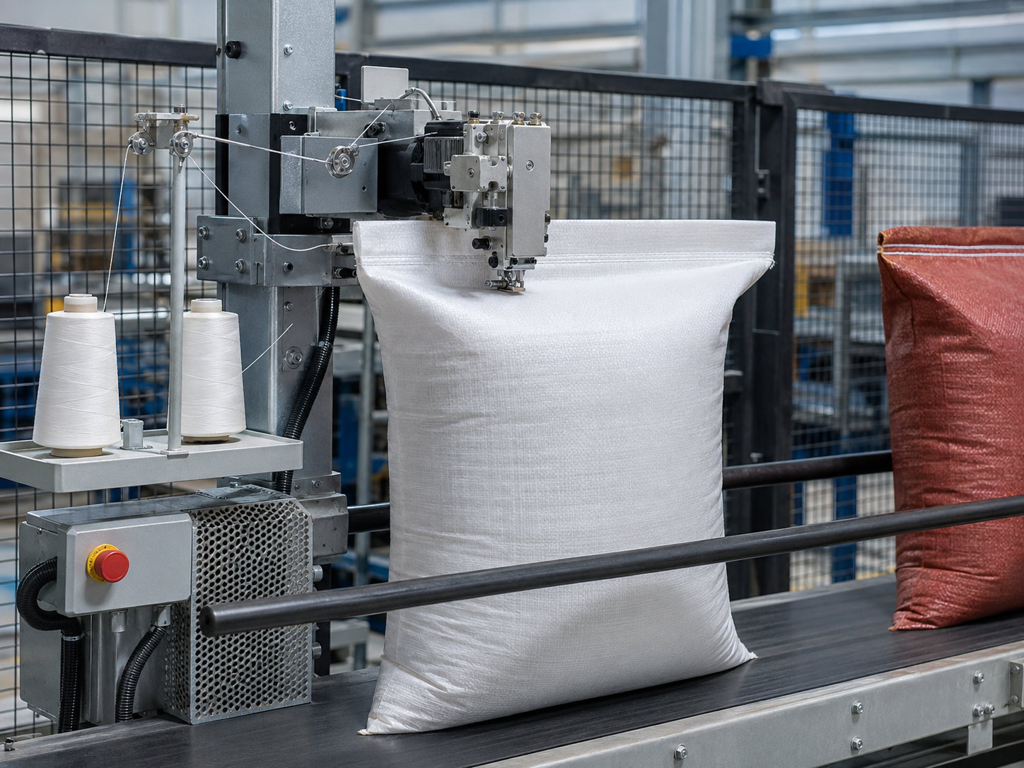 Industrial sewing machine sealing a large woven bag on a conveyor belt inside a packaging facility