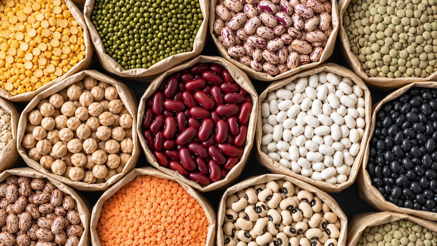 Assorted dry beans, pulses, and lentils in open brown paper bags arranged in a dense honeycomb pattern