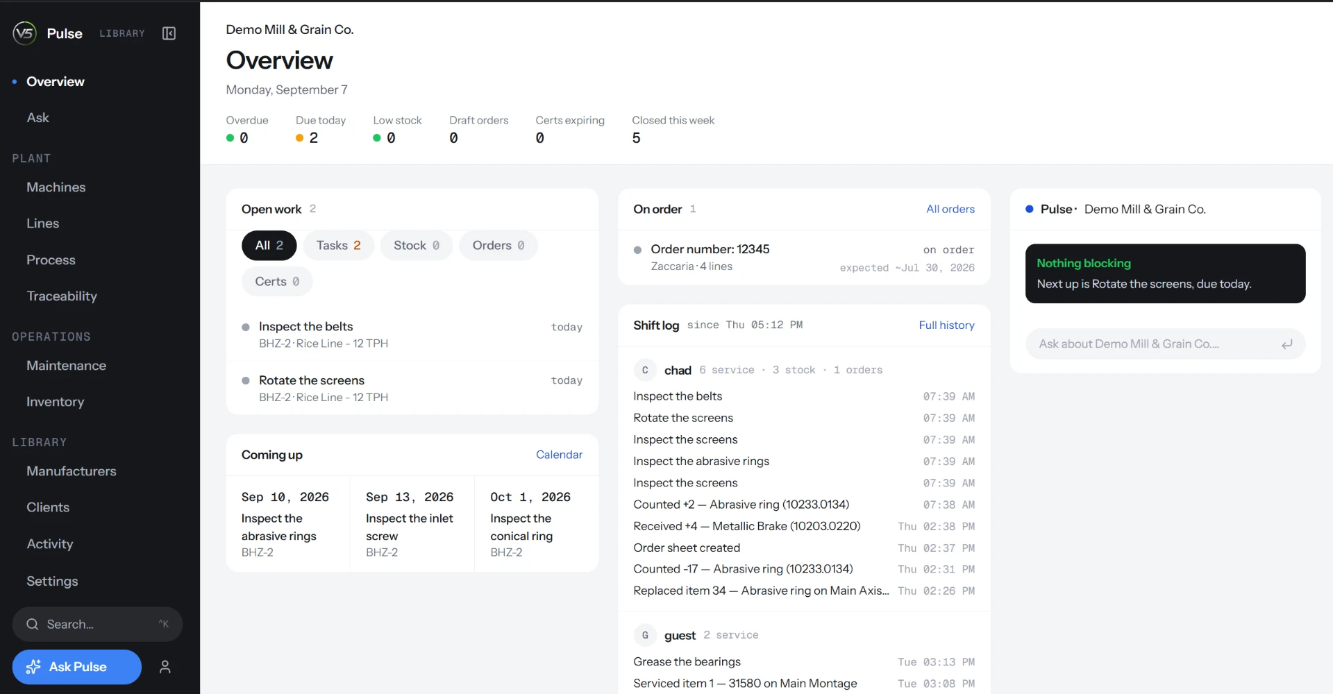 V5 Pulse overview dashboard showing machine-centered metrics, open work, orders, and a knowledge assistant panel for an installed grain-processing facility