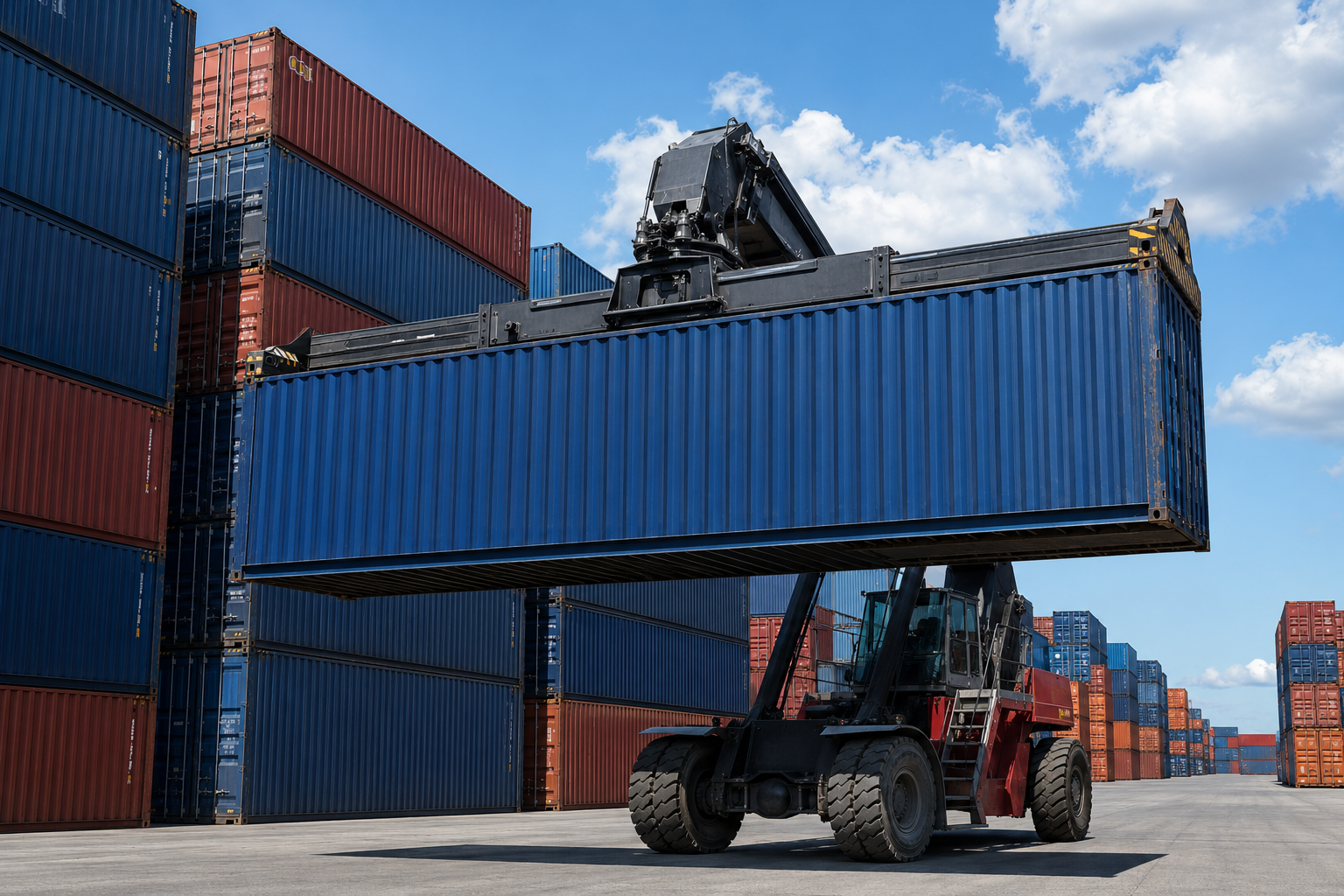 Container handler lifting a blue shipping container at an international freight terminal with stacked containers behind it