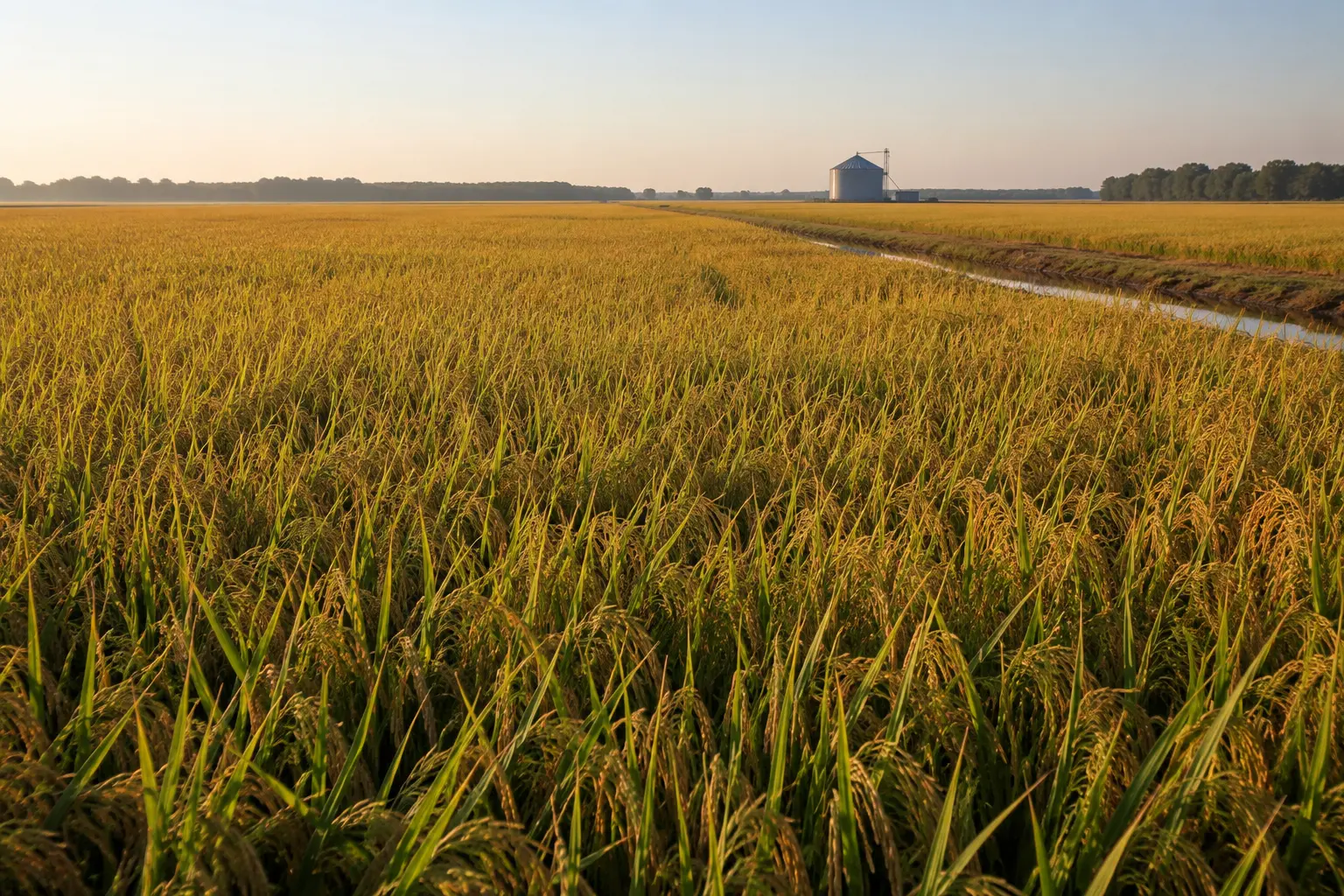 Wide landscape of a golden rice field at sunrise with a silver grain silo on the horizon, representing rice processing operations