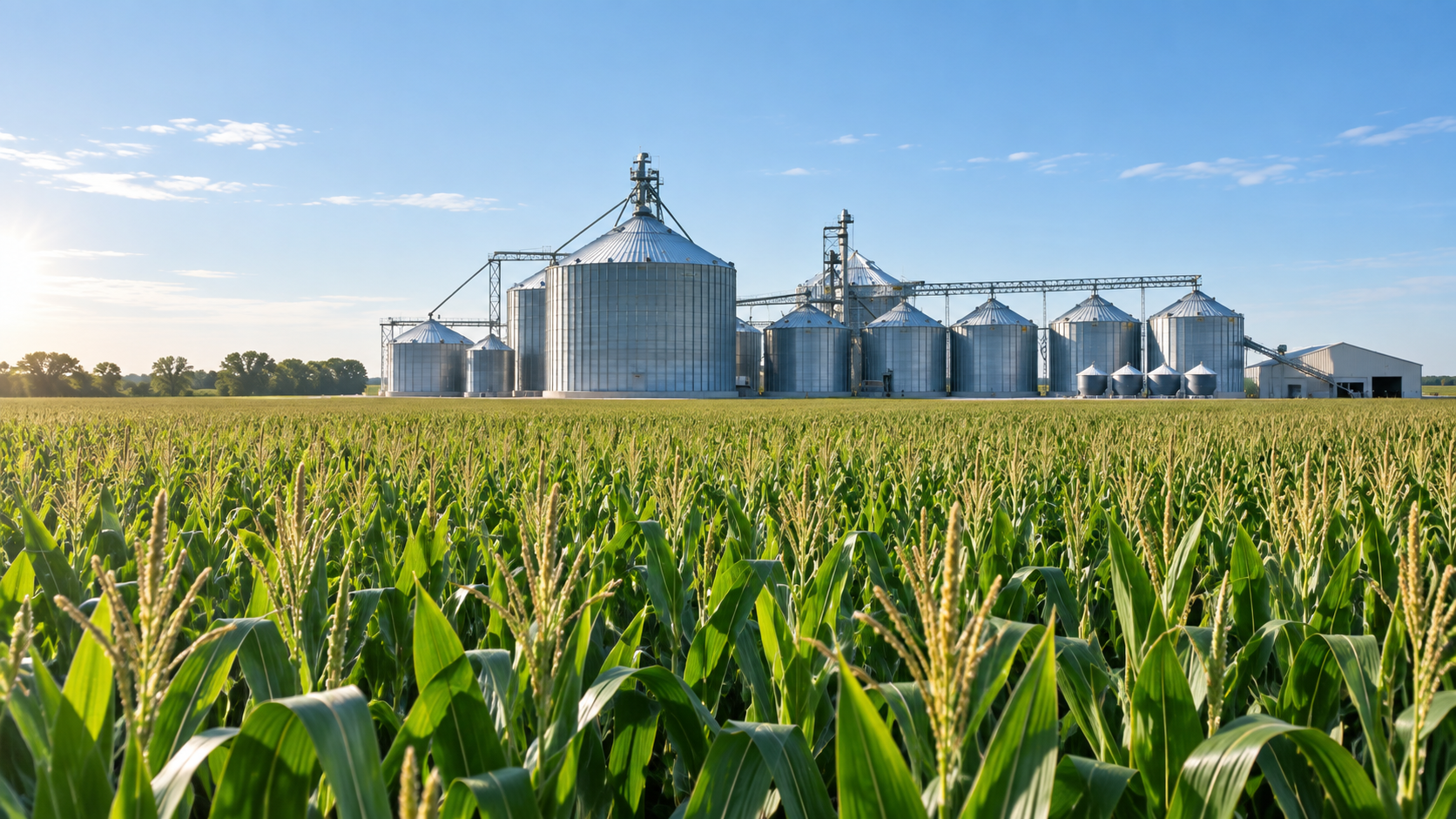 Lush green cornfield in the foreground with silver grain storage silos and an elevator facility in the background