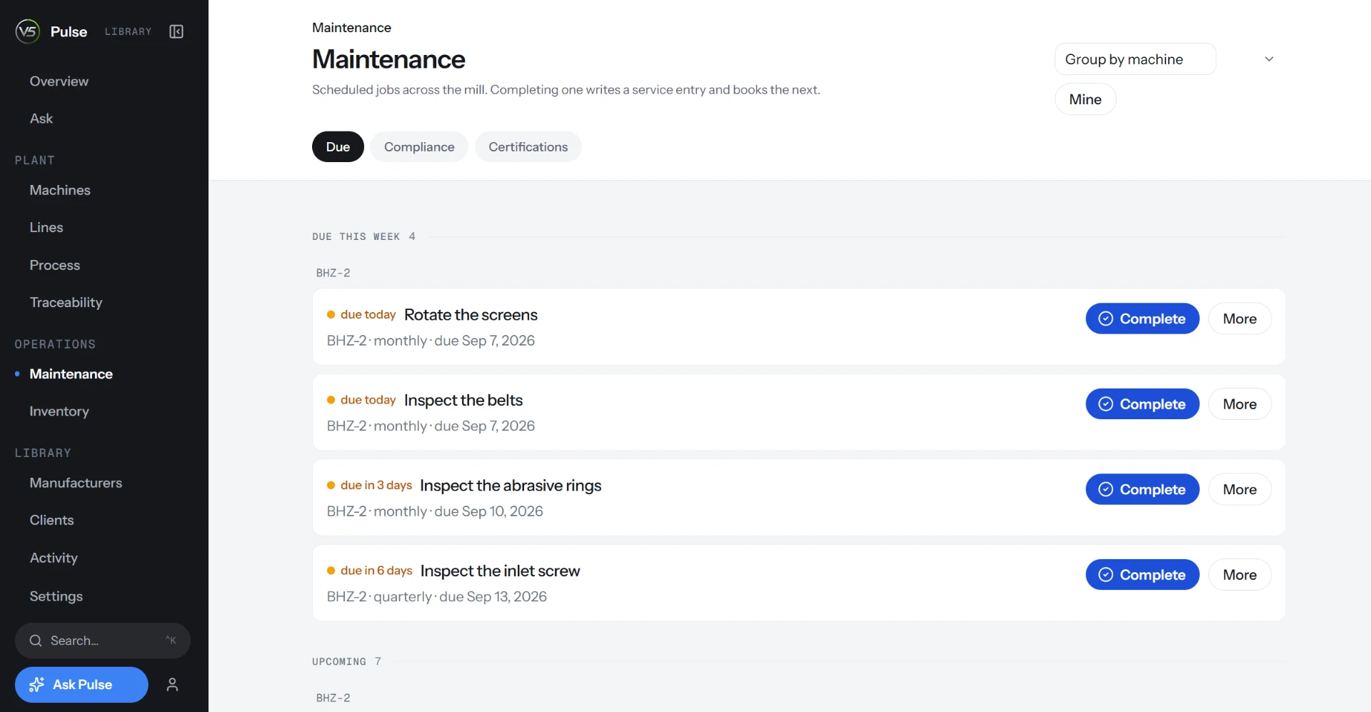 V5 Pulse Maintenance page listing scheduled jobs across the mill, grouped by machine with due and upcoming tasks