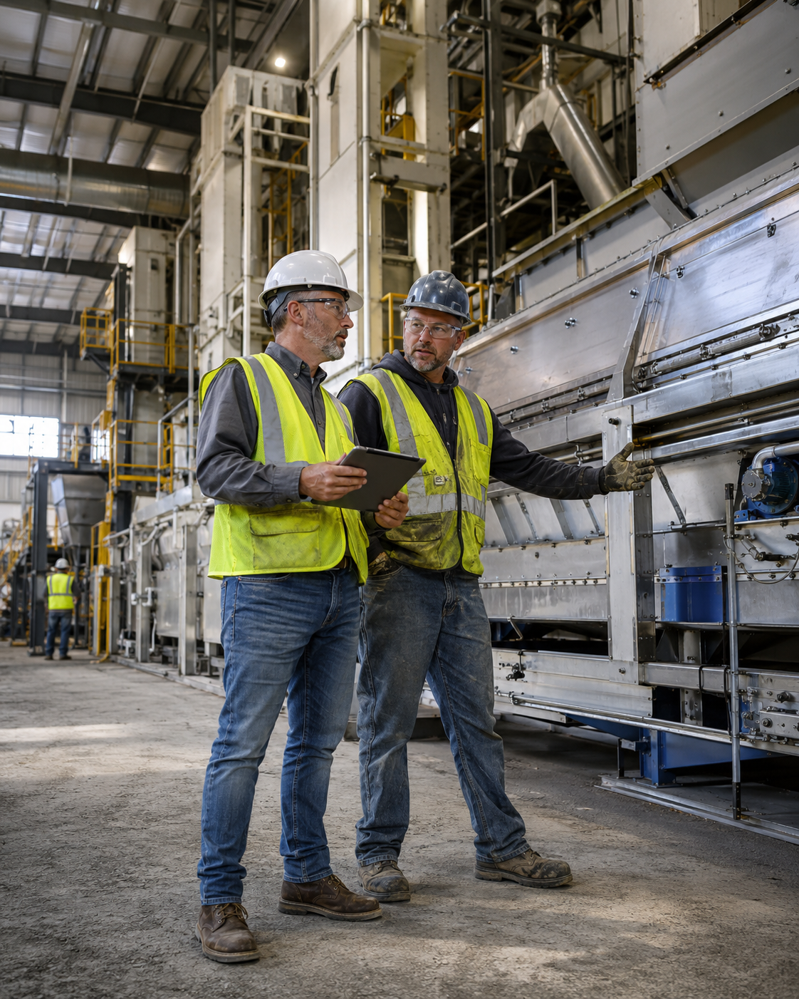 Two project coordinators in safety gear reviewing equipment inside a grain-processing facility