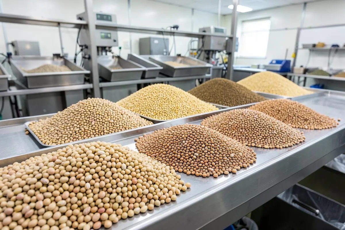 Dry beans, lentils, and pulses being graded and sorted before packaging in a commercial processing facility