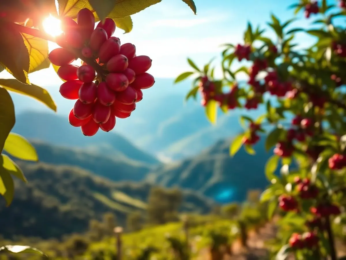 Coffee plants growing on a hillside plantation