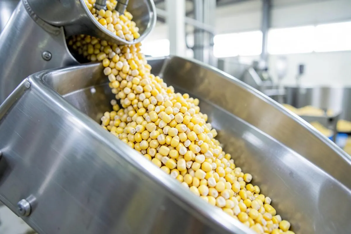 Dry corn kernels moving through commercial stainless steel grain processing equipment