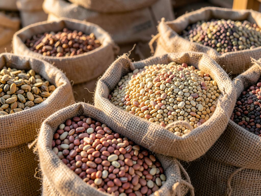 Beans, lentils, and pulses in burlap sacks