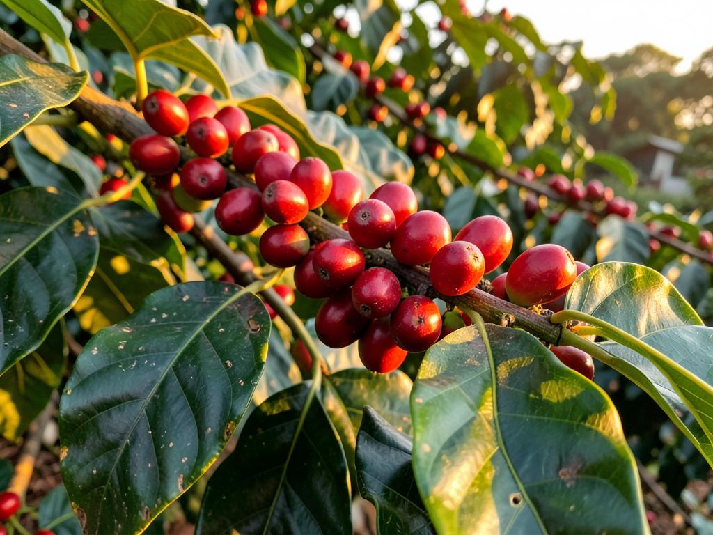 Ripe red coffee cherries on the branch