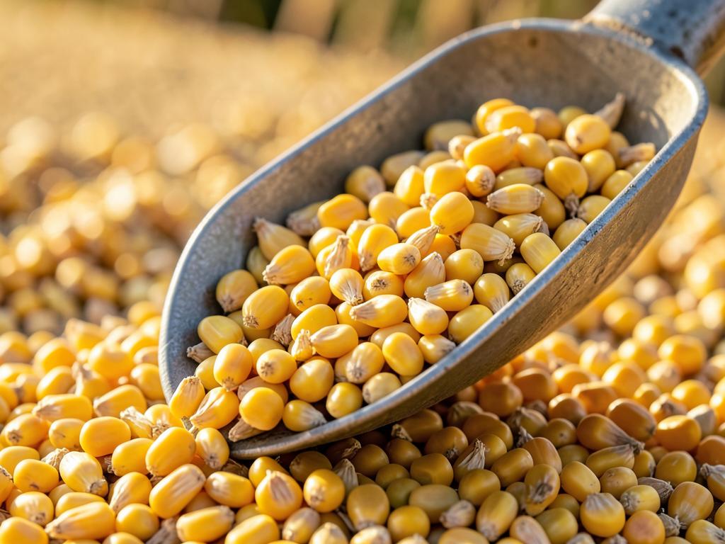 Dried yellow corn kernels being scooped