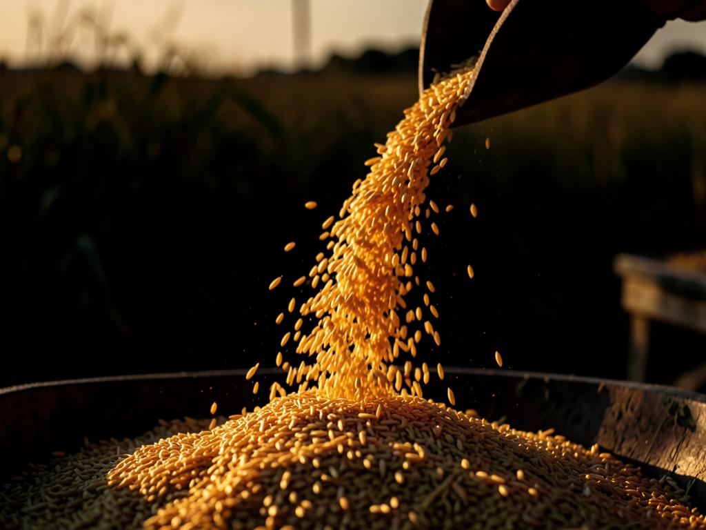 Golden grain pouring during handling