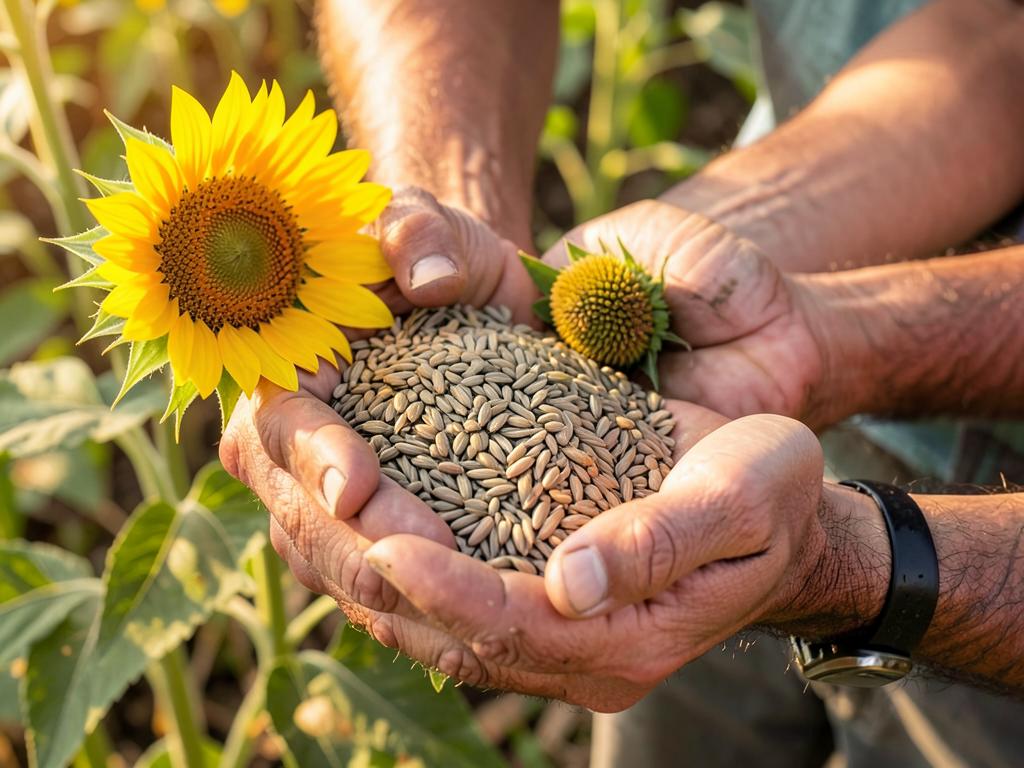Hands holding sunflower seeds beside a sunflower
