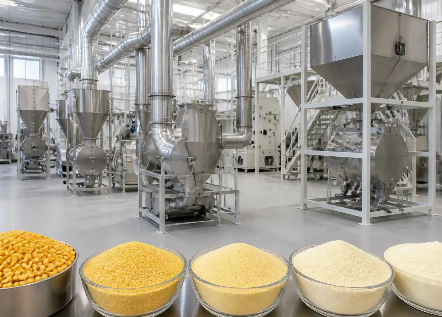 Dry corn milling equipment and corn grits, meal, and flour samples inside a commercial corn processing facility