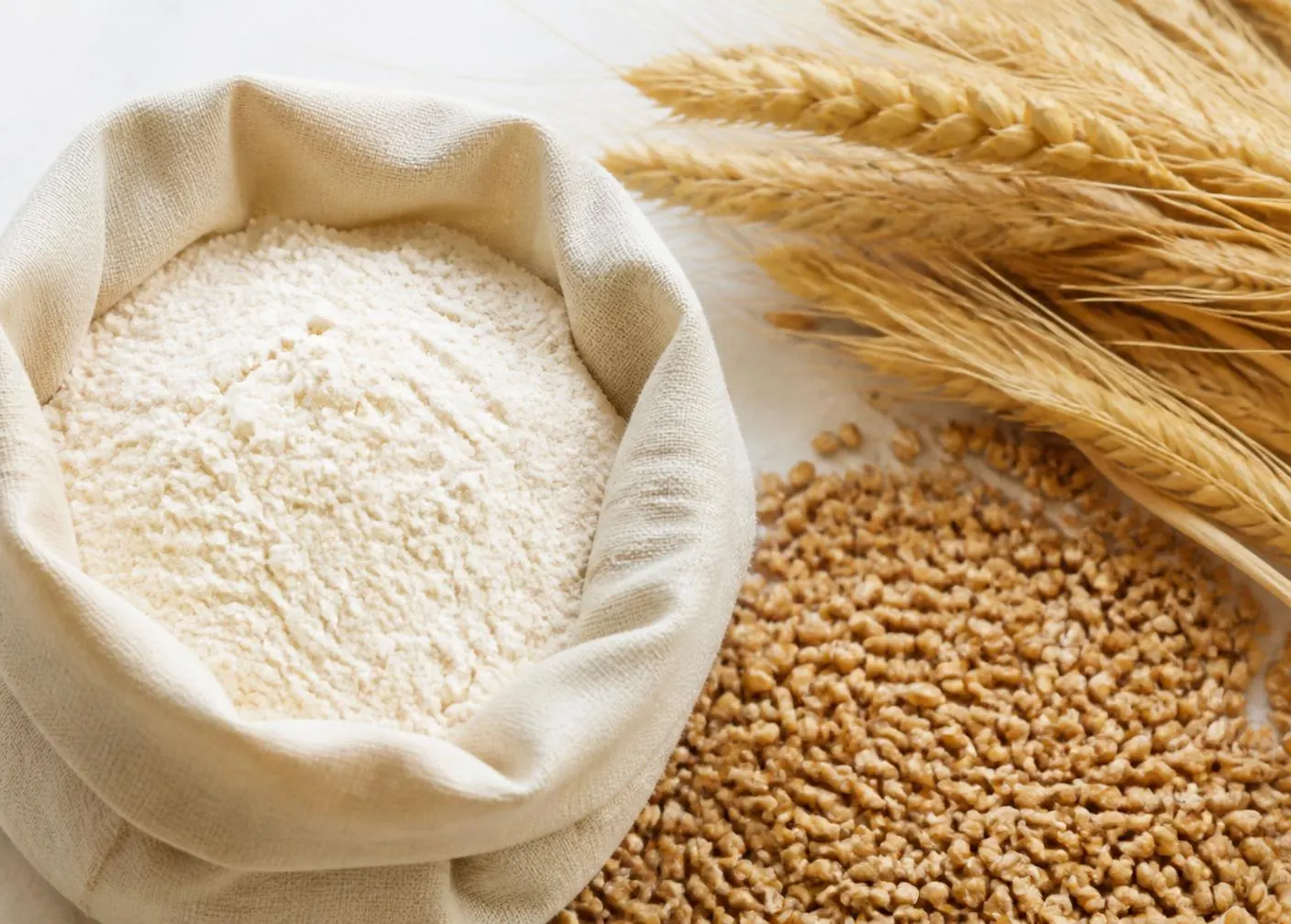 Finished white wheat flour in an open sack beside golden wheat kernels and wheat stalks