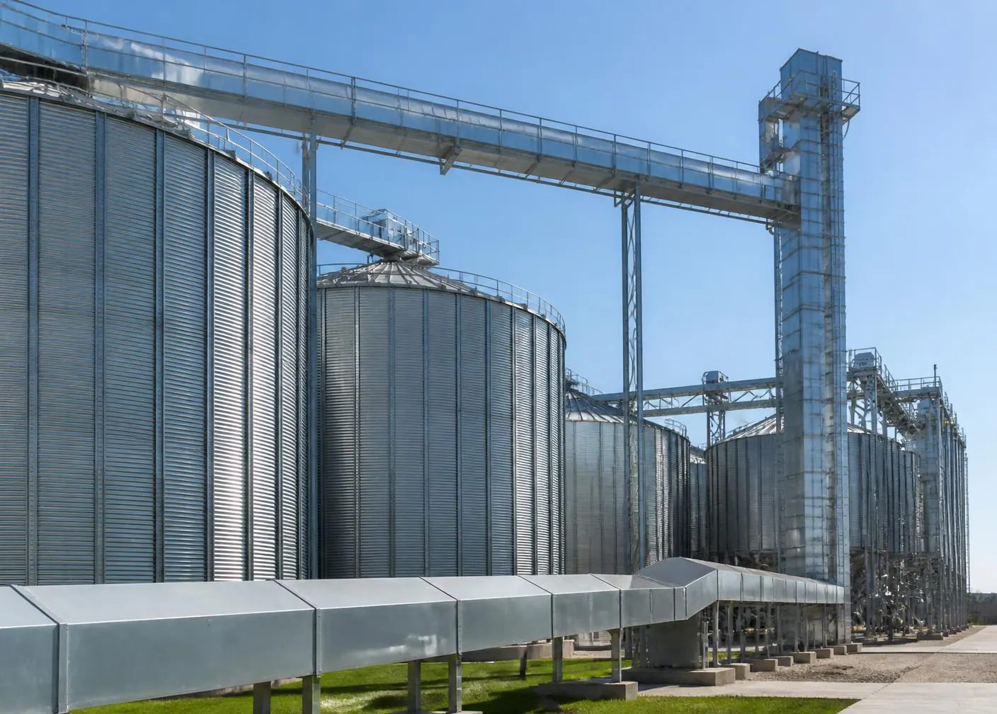Commercial grain conveyors and bucket elevators connecting storage silos at a grain handling facility