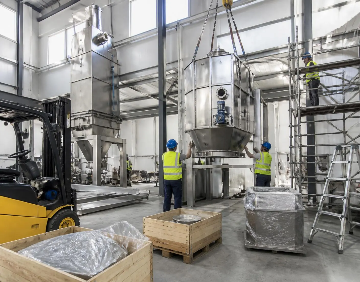 Installers rigging stainless steel processing equipment into place beside crated machinery in a facility