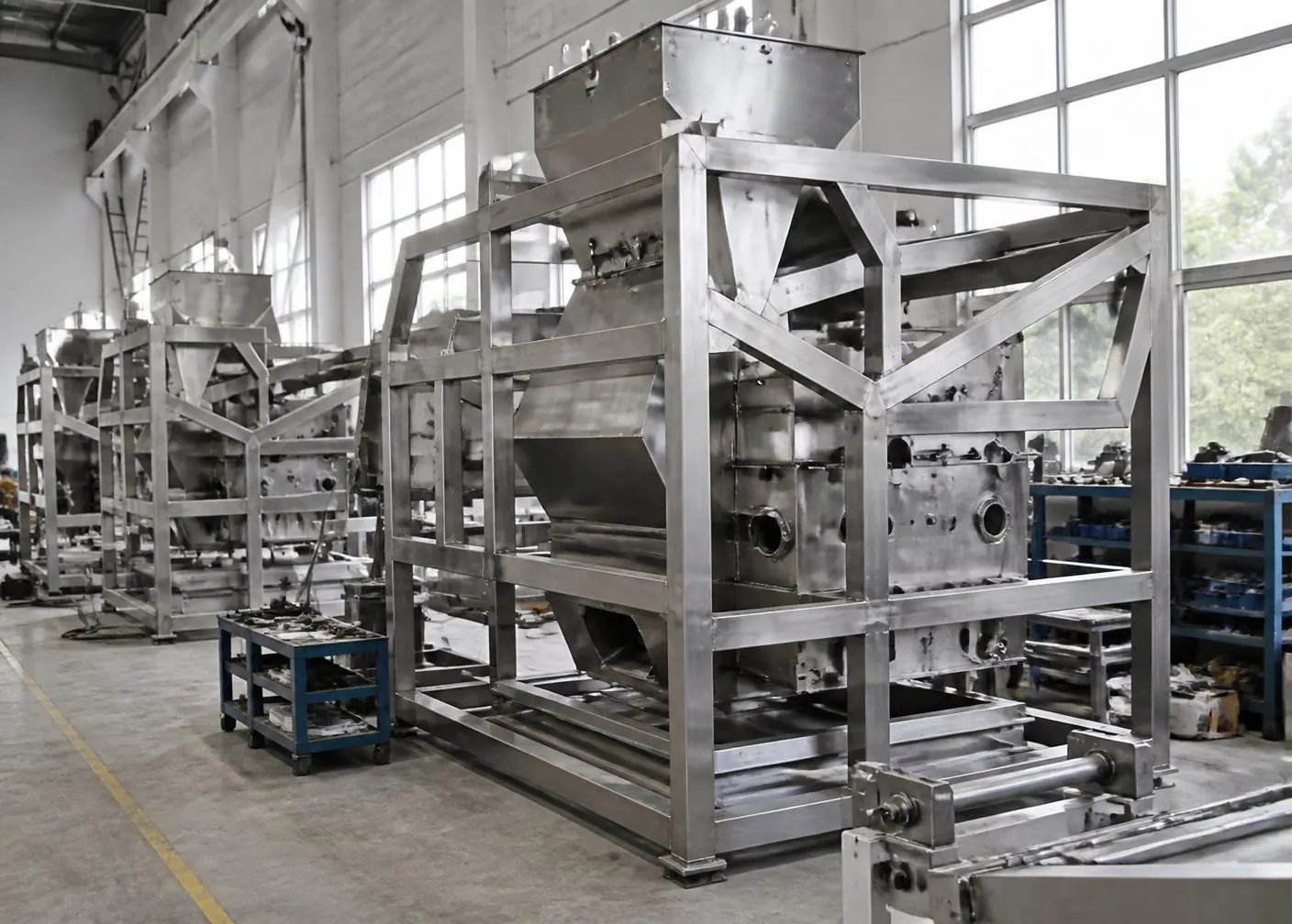 Grain-processing equipment being assembled and inspected by technicians inside an equipment manufacturing facility