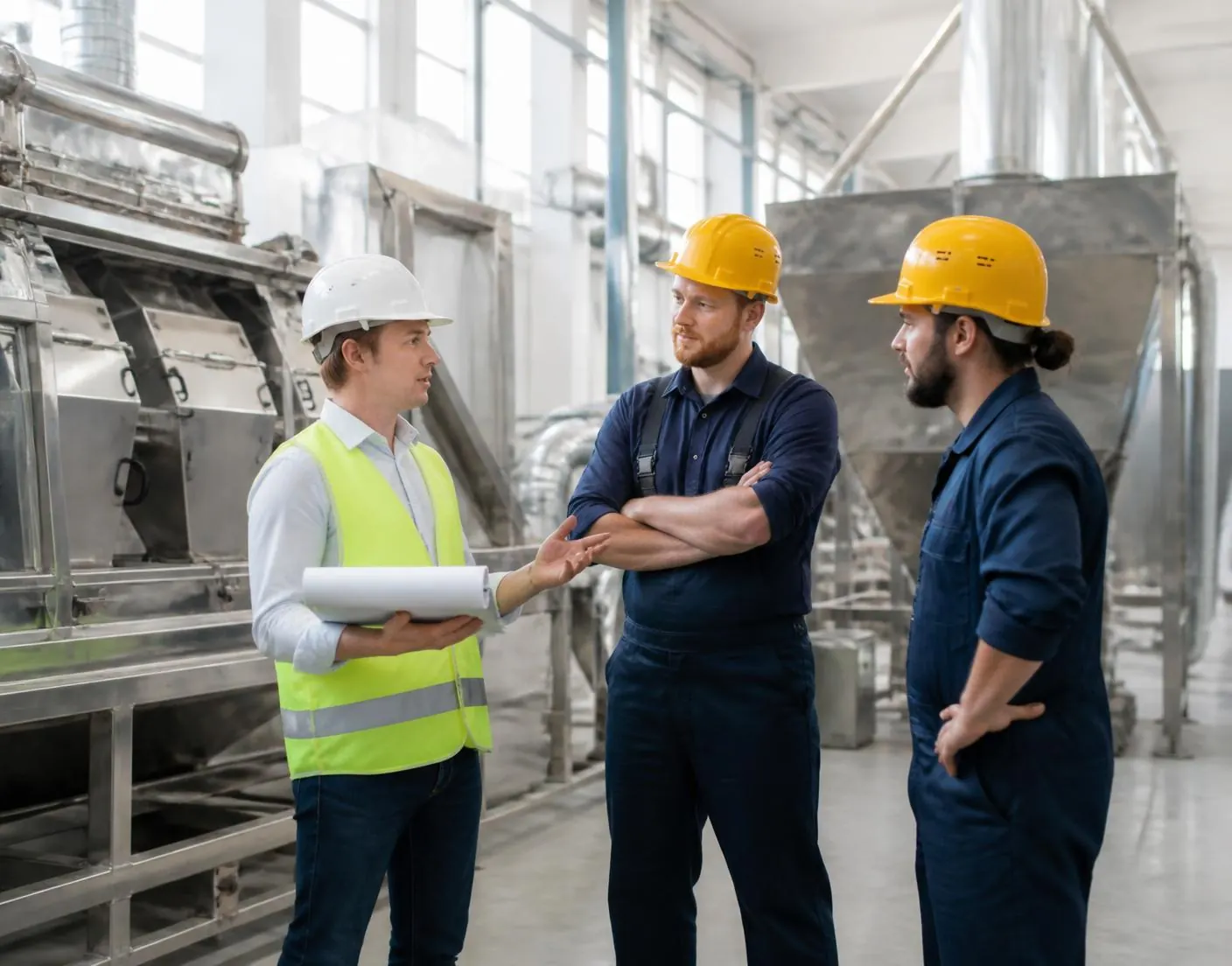 Project leader reviewing equipment plans with two millwrights inside a grain processing facility