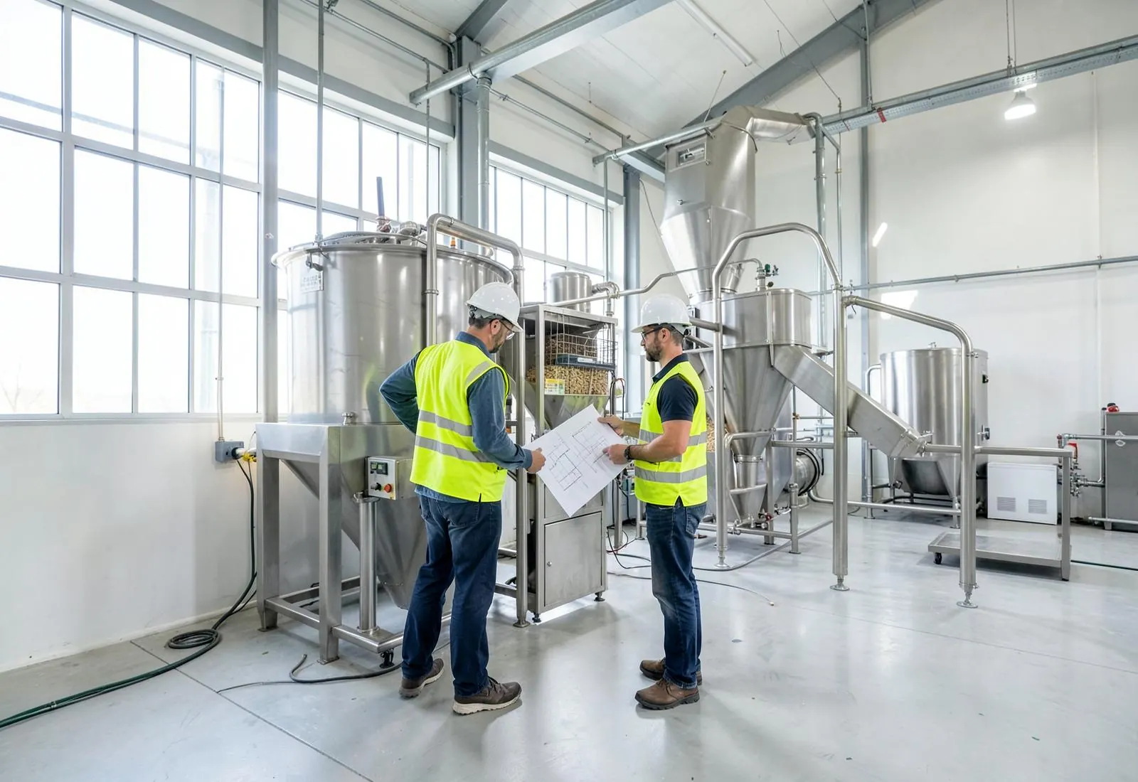 Two project professionals in hard hats reviewing plans beside grain-processing cleaning and conveying equipment in a bright facility