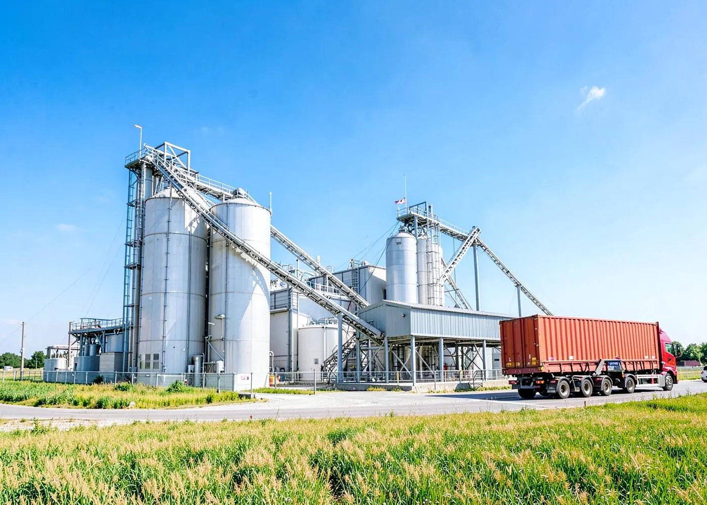 Grain-processing plant with storage silos, conveyors, and a container truck beside agricultural fields