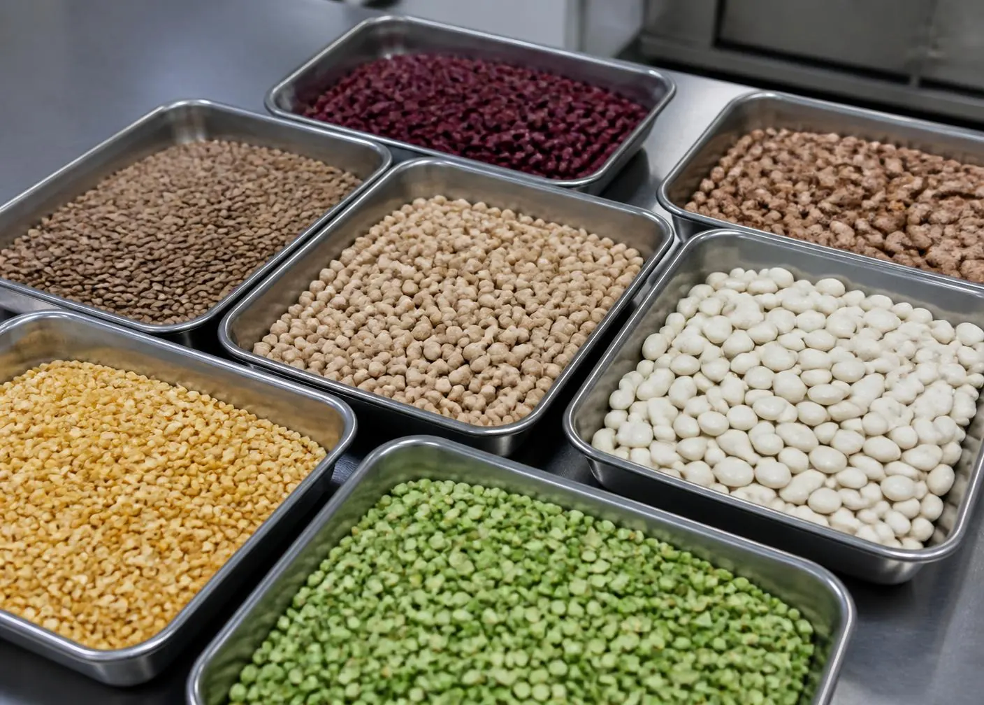 Sample trays of lentils, chickpeas, split peas, and dry edible beans on a stainless steel table in a processing facility