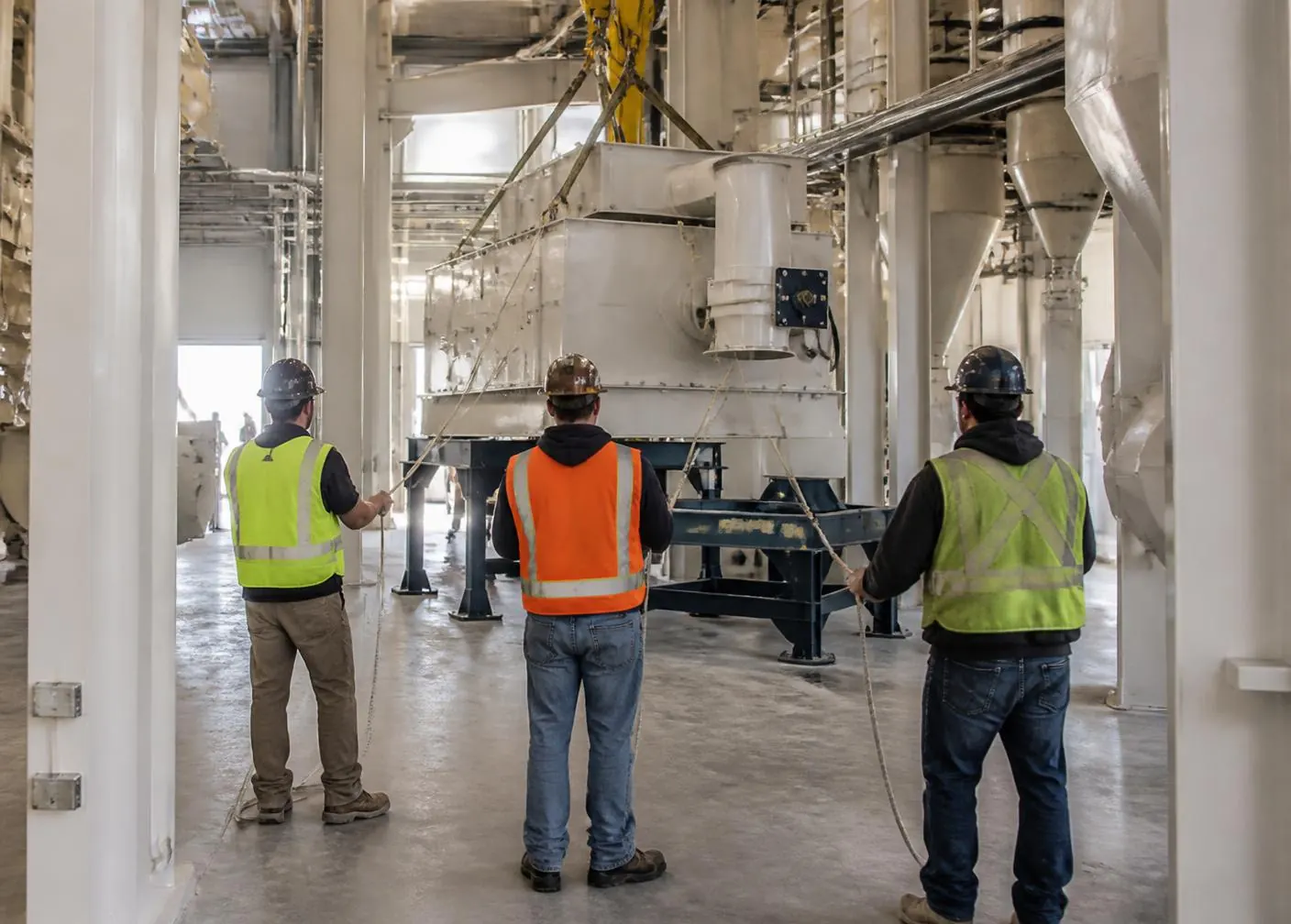 Millwrights positioning grain-processing equipment during installation inside a commercial facility