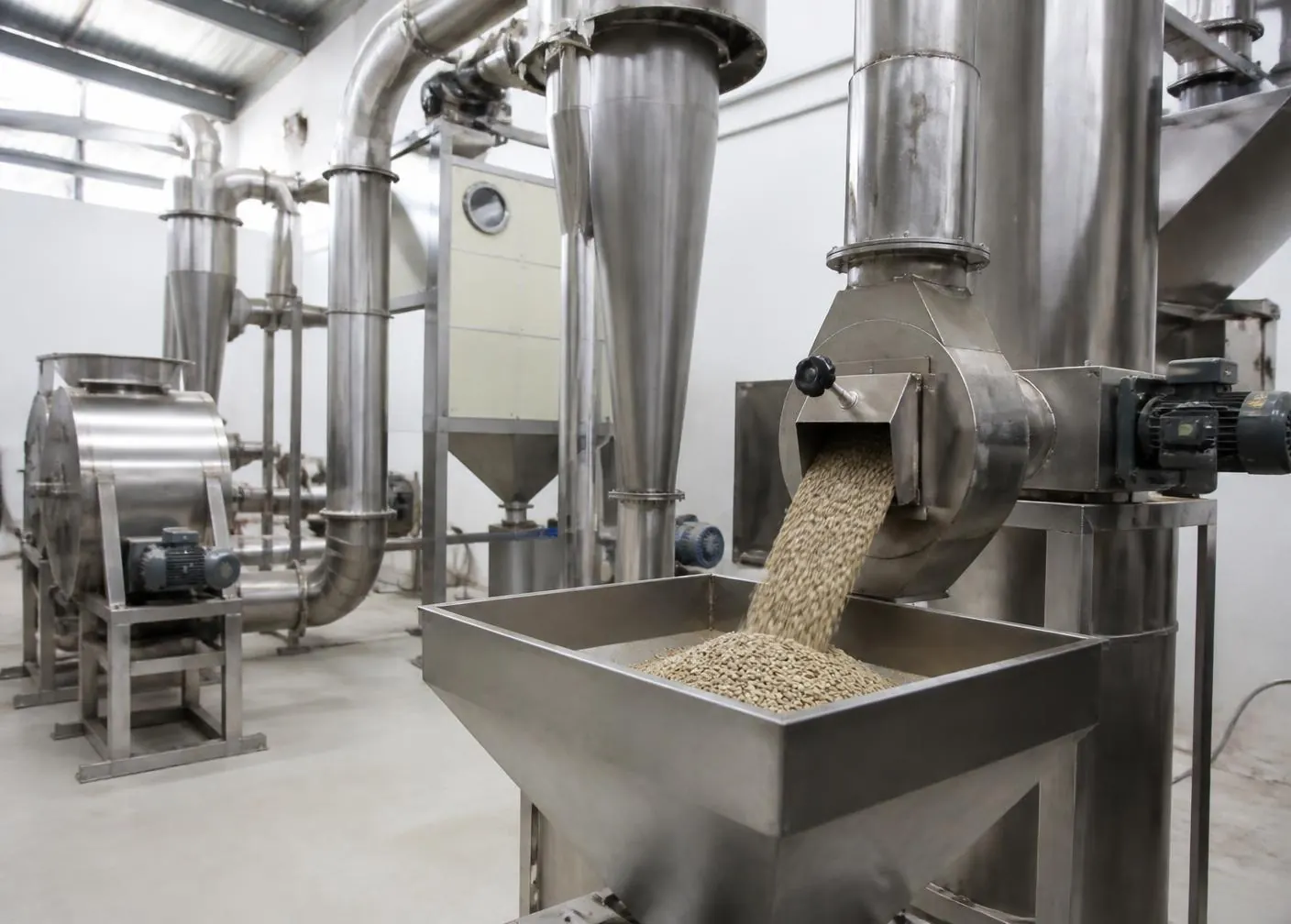 Parchment coffee hulling and aspiration equipment discharging green coffee inside a commercial dry mill
