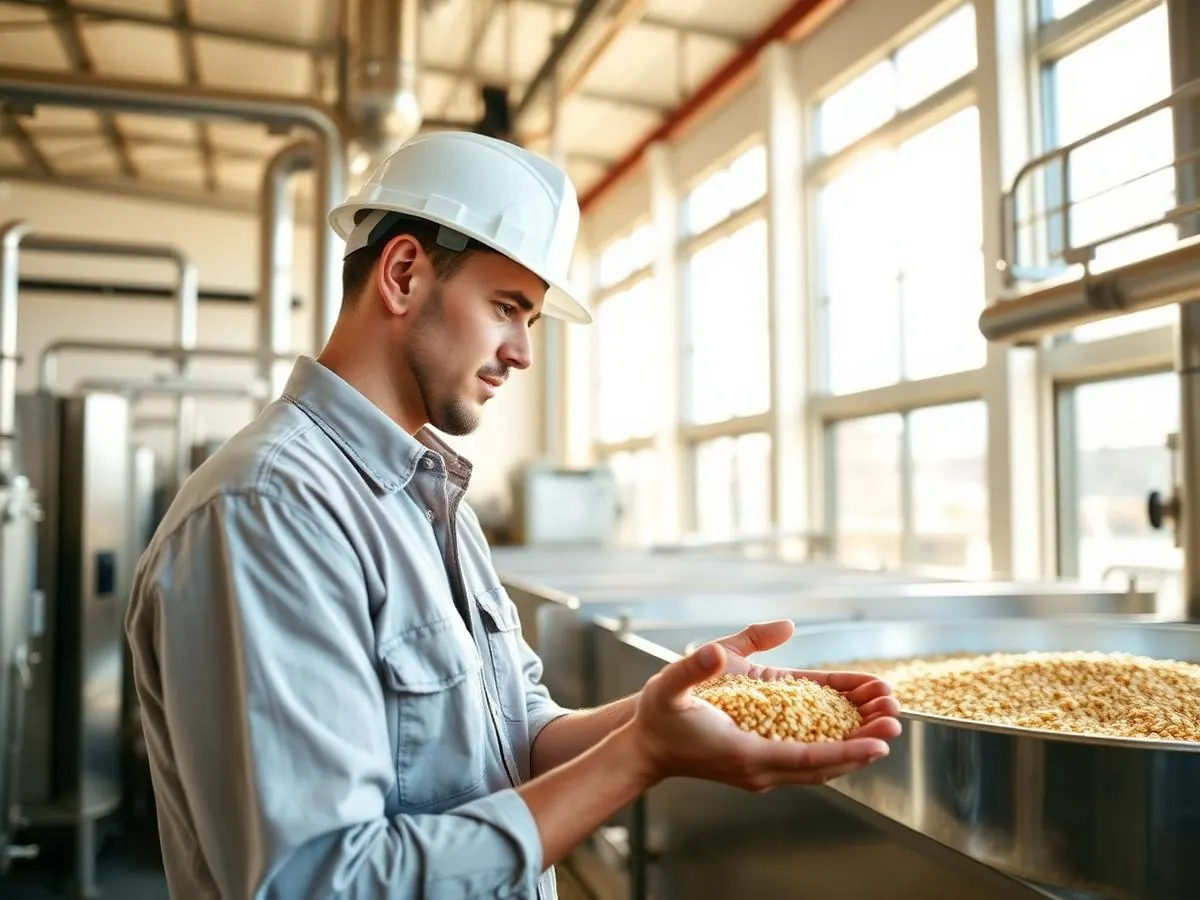 Grain processing maintenance technician reviewing equipment information inside a mill