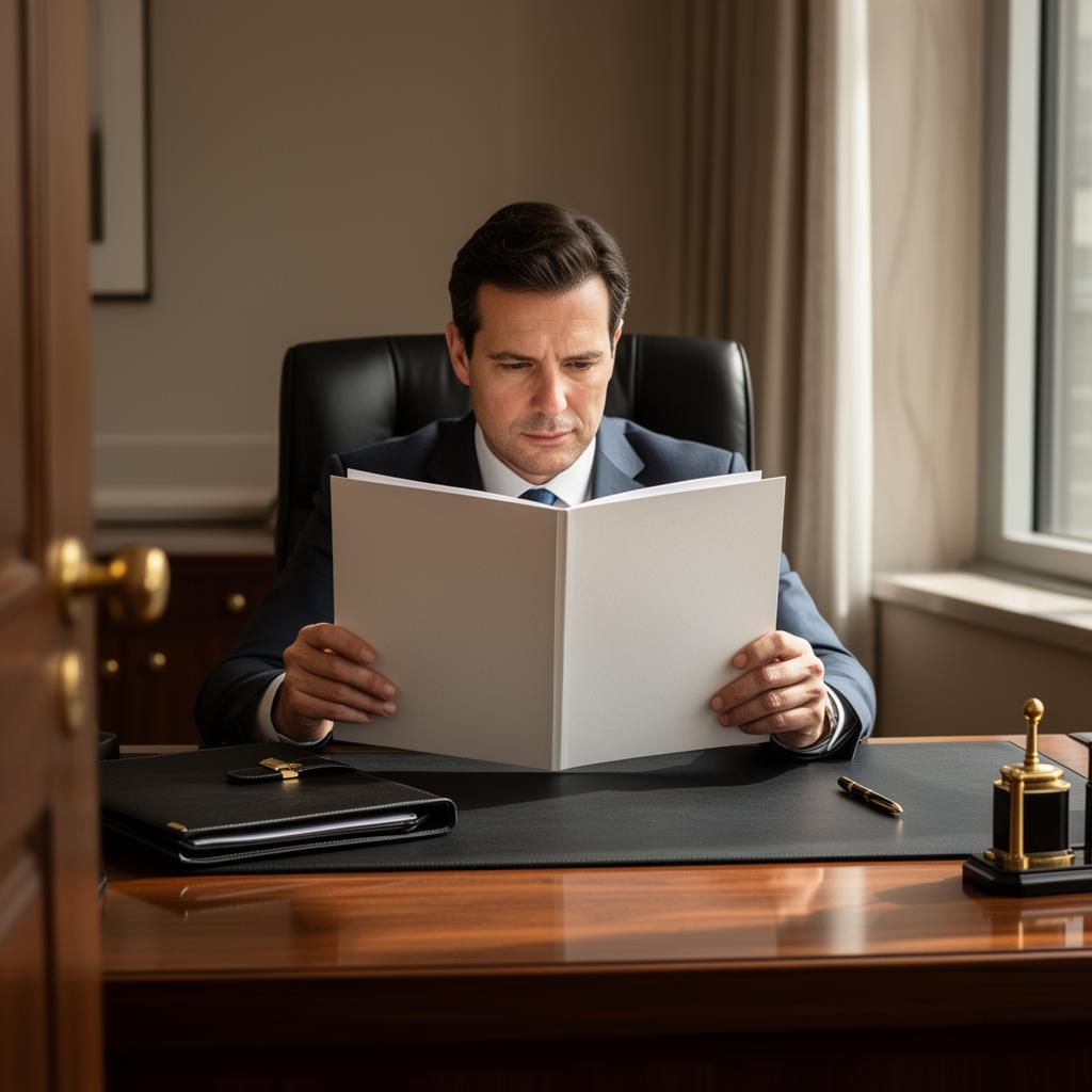 Executive strategy documents on a walnut conference table with a leather portfolio and brass pen