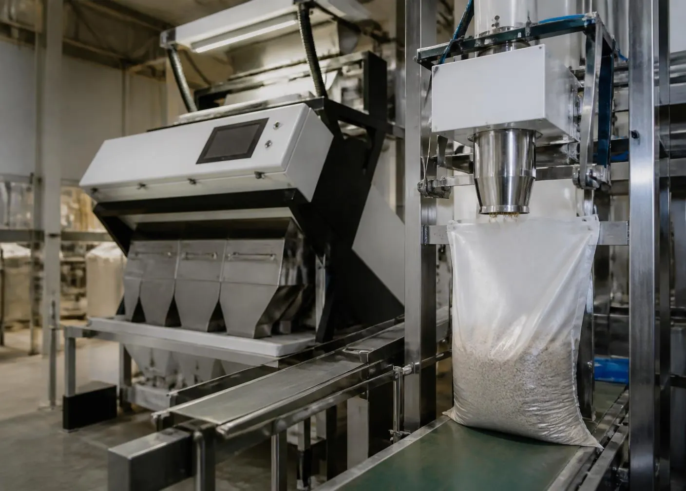 Optical color sorter and automatic bagging line packaging cleaned agricultural seed in a commercial seed plant