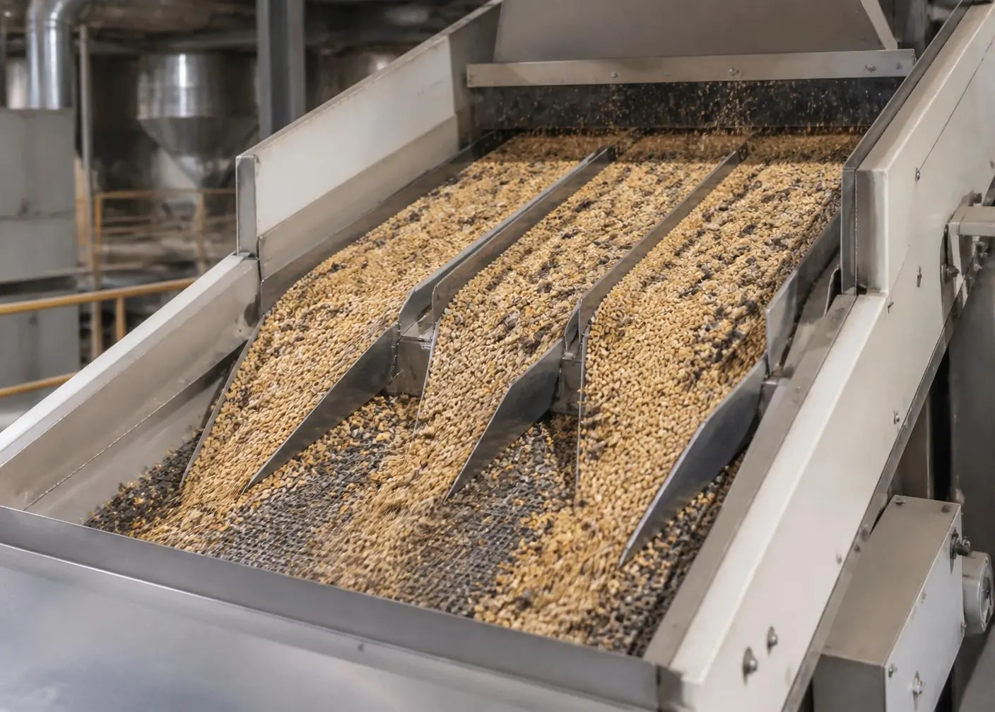 Gravity separator classifying agricultural seed according to density inside a commercial seed processing plant