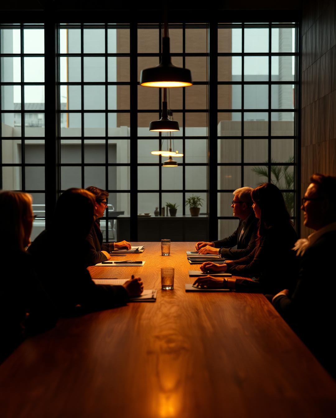 Executives in a strategy session around a long oak table