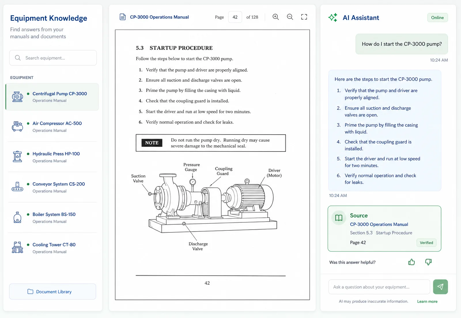 Illustrative V5 Pulse interface concept showing a machine profile with source-linked manuals, specifications, and parts information