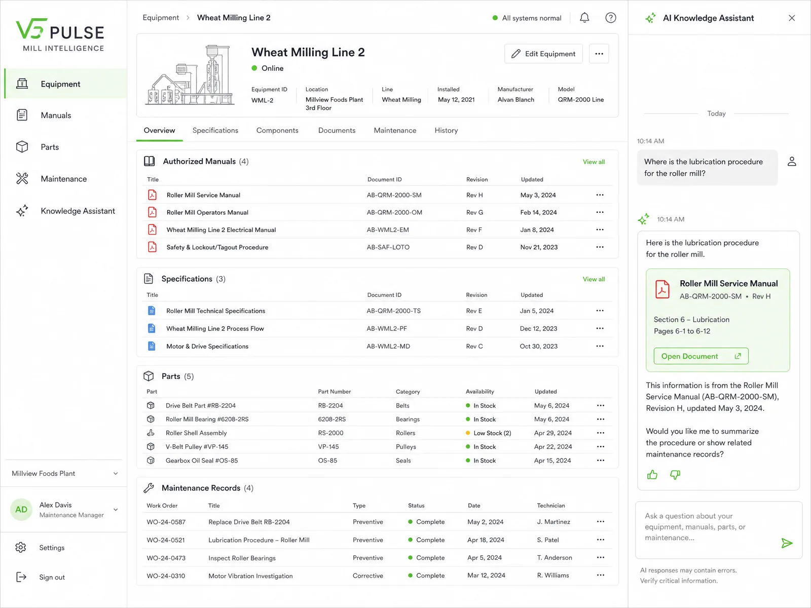 V5 Pulse platform preview showing machine-centered equipment records, authorized manuals, parts information, maintenance history, and the AI Knowledge Assistant