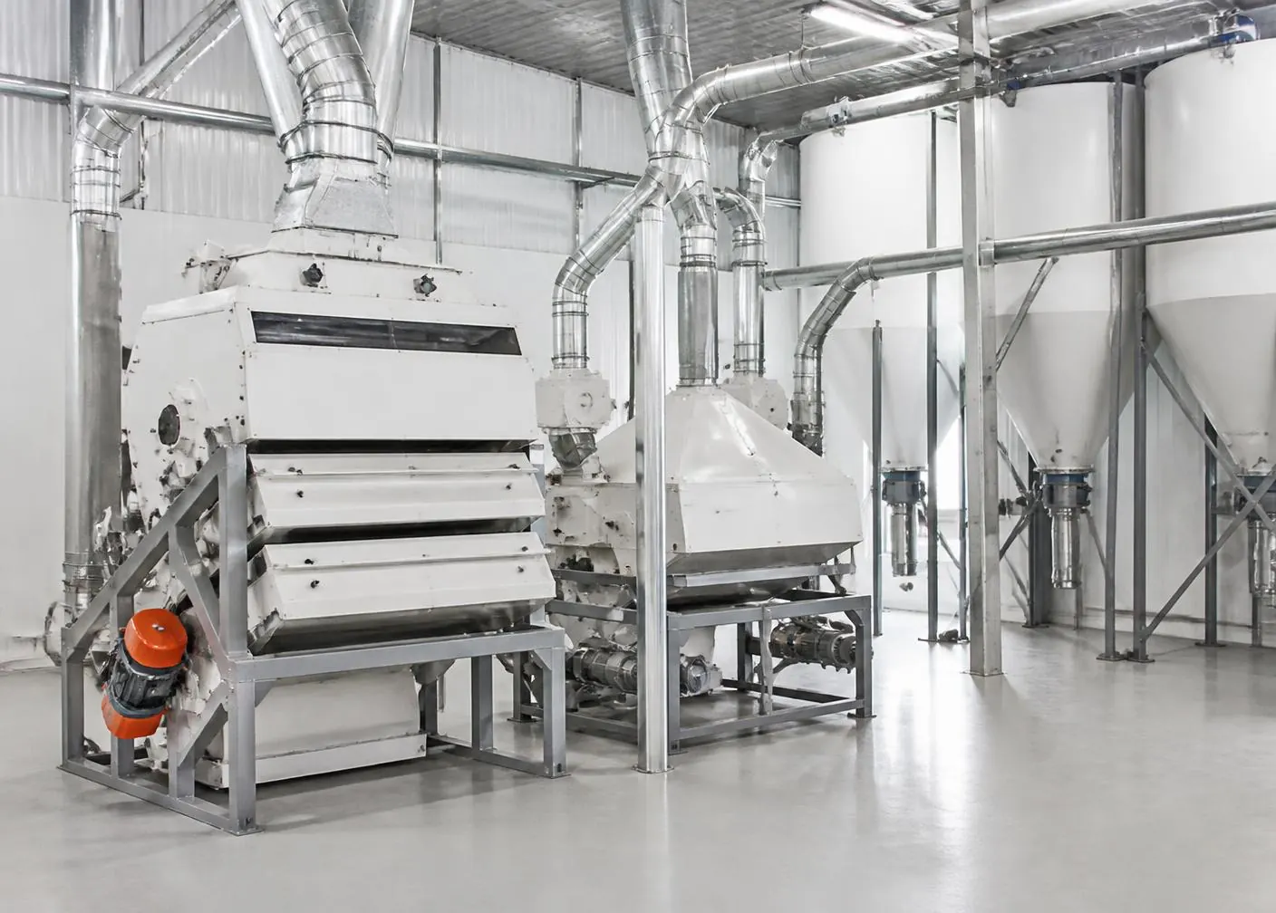 Wheat cleaning and conditioning equipment preparing grain for commercial flour milling