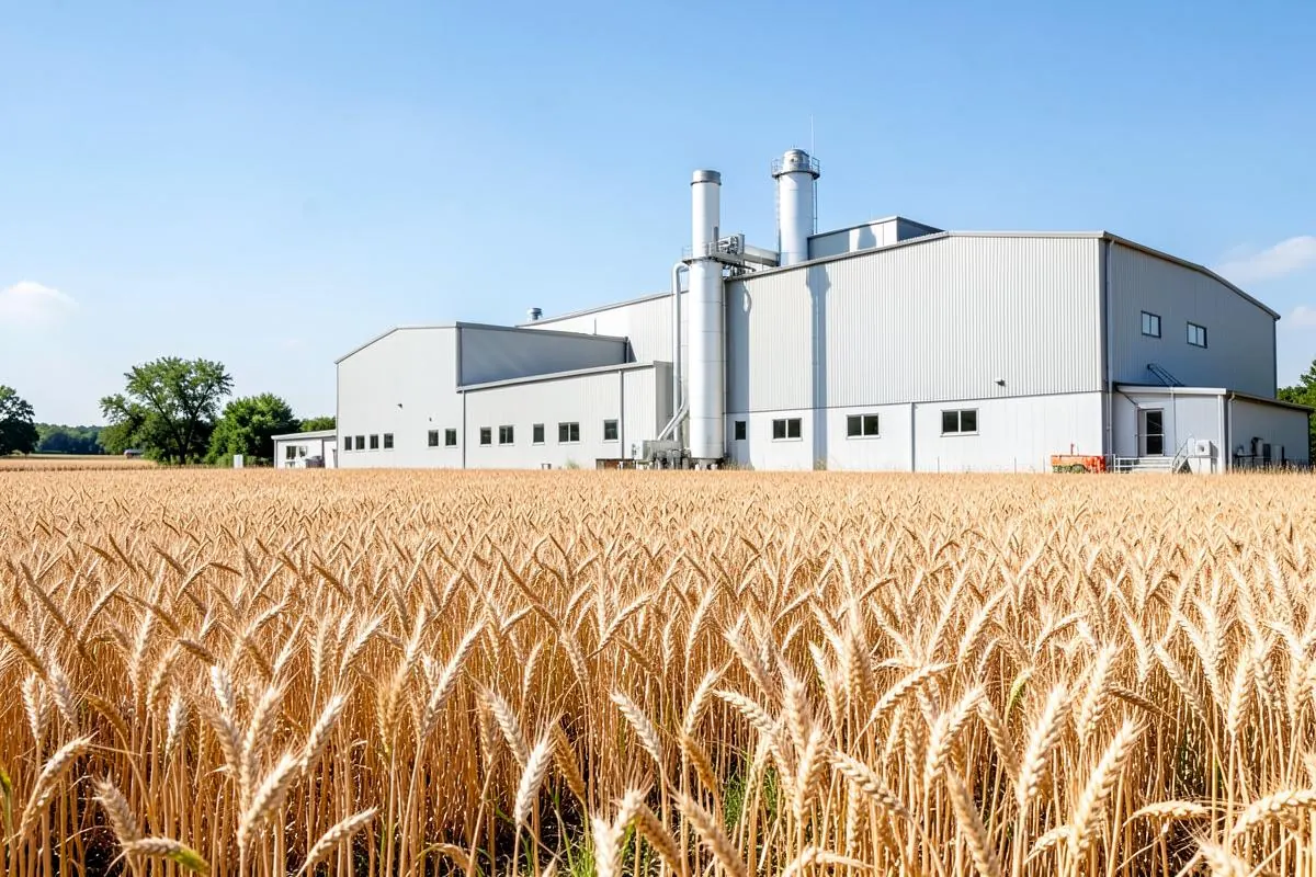 Ripe wheat field in front of a commercial flour milling facility